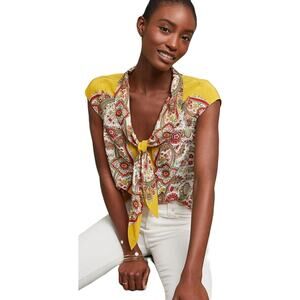 NWOT MAEVE Top Blouse 8 Silk Paisley Floral Tie-Scarf-Bow Button-Up Cup-Sleeve